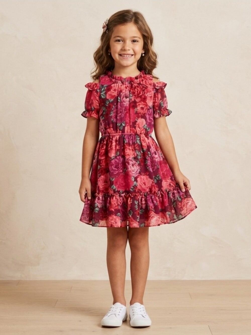🛍Wonder Nation Girls Size 7 Pink Floral Design Chiffon 2 Layered Dress